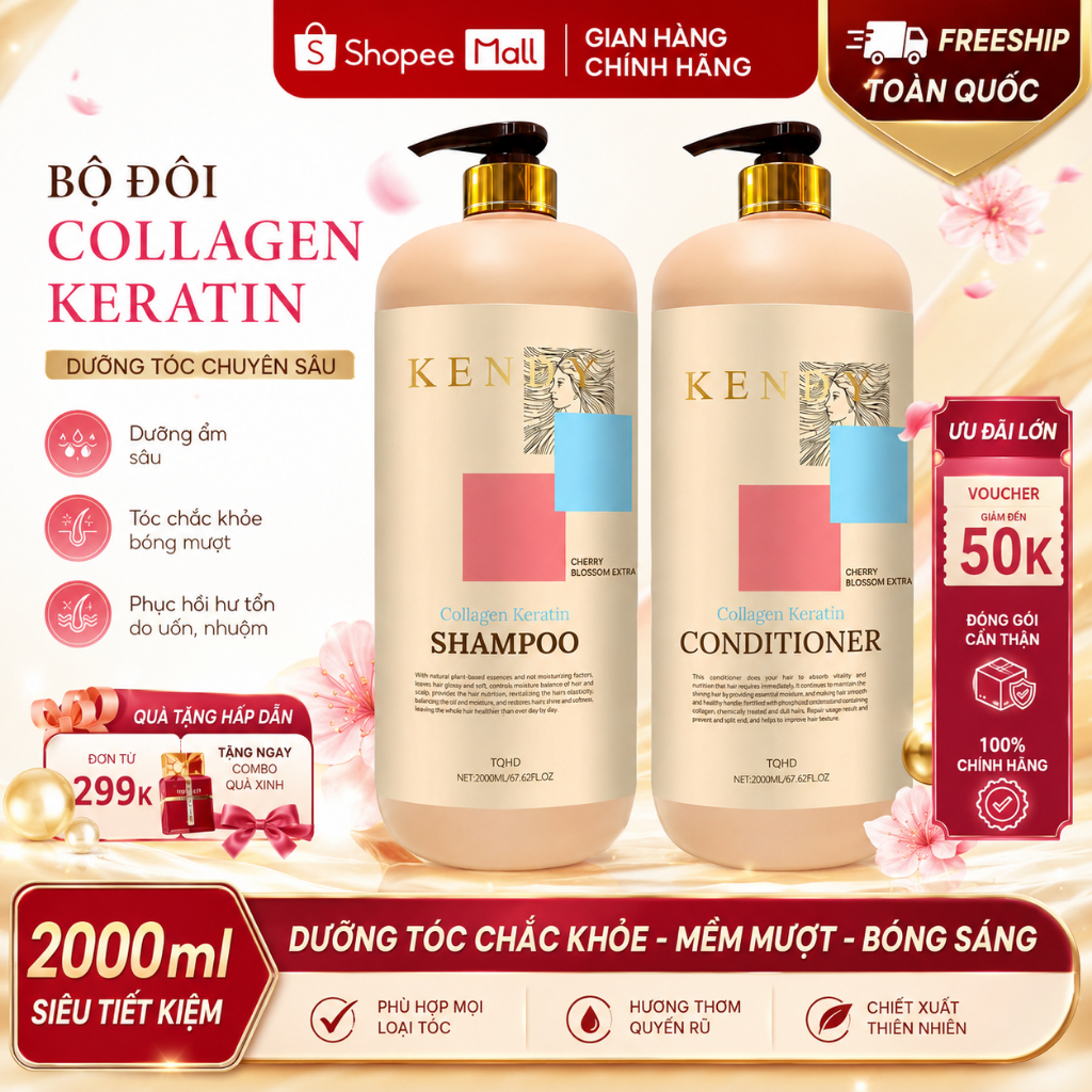 DẦU GỘI KENDY COLLAGEN KERATIN 2000ML HỖ TRỢ MỌC TÓC, GIẢM GÃY RỤNG, PHỤC HỒI TÓC KHÔ XƠ