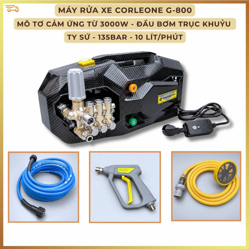 Máy Rửa Xe Cao Áp Corleone G800 3000W,Motor Cảm Ứng Từ Lõi Đồng, Đầu Bơm Trục Khuỷu Ty Sứ 135BAR 10L