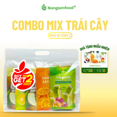 [10 Túi Tặng 2] Combo 10 Túi trái cây sấy ăn vặt Nonglamfood (Cam, Dừa, Bưởi Chanh Dây, Mít)