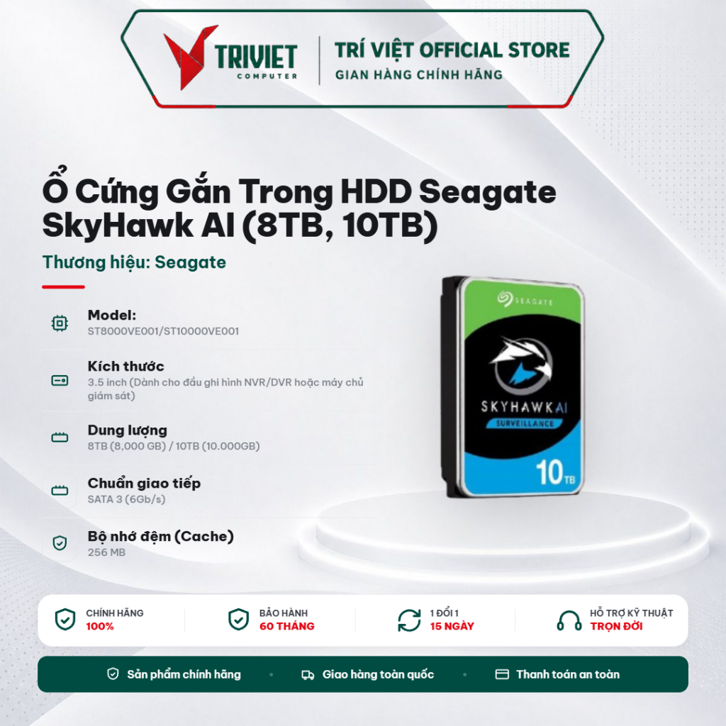 Ổ Cứng Gắn Trong HDD Seagate SkyHawk AI (8TB, 10TB) 3.5 Inch SATA3 7200RPM 256MB Cache Ổ Cứng Camera