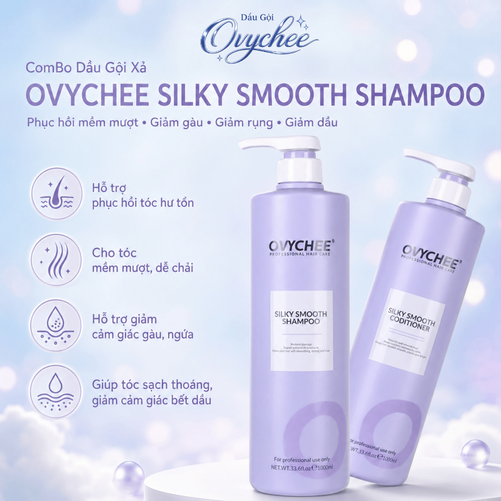 Combo Dầu Gội Xả Ovychee Silky Smooth 1000ml | Hỗ Trợ Sạch Gàu Dầu, Tóc Mềm Mượt, Giảm Gãy Rụng.