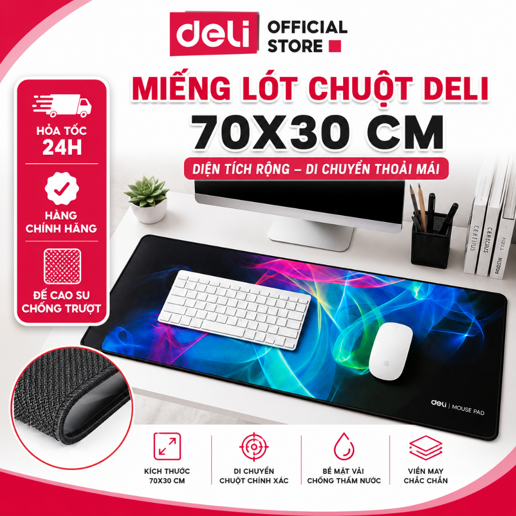 Lót Chuột Gaming Deli Kích Thước 70x30cm Nhiều Màu Trơn Basic, Pad Chuột Gaming Chống Trơn Trượt
