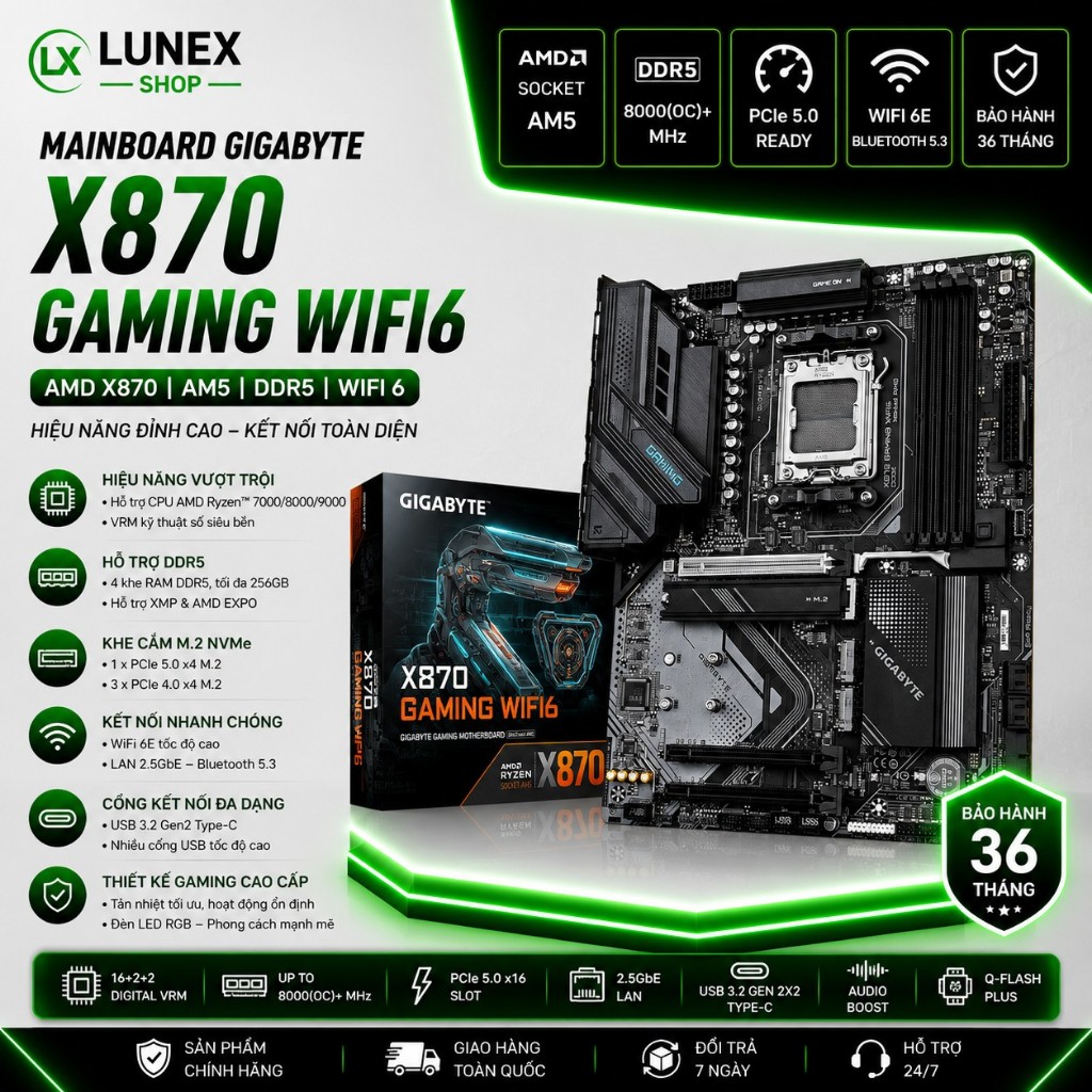 Mainboard GIGABYTE X870 GAMING WIFI6 (AMD X870, Socket AM5, ATX, 4 khe RAM DDR5) - Bảo hành 24 tháng