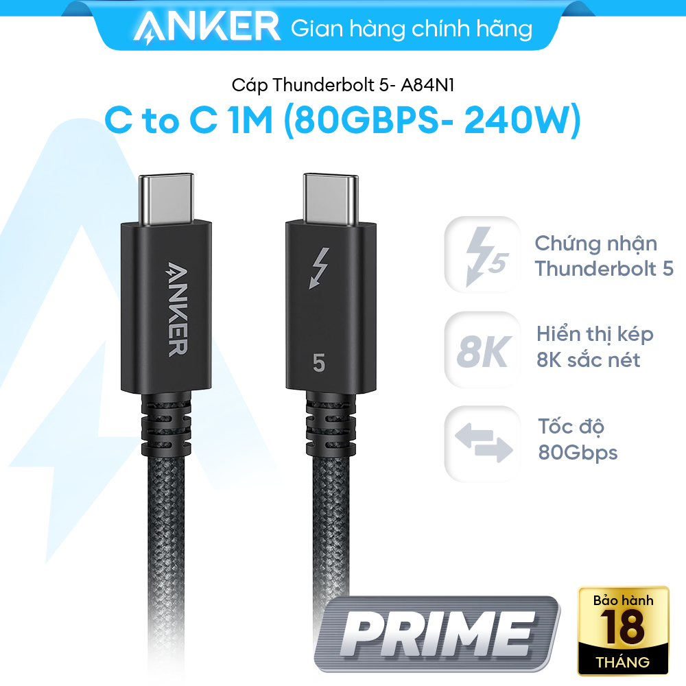 [NEW] Cáp Anker Prime Thunderbolt 5 80Gbps 240W 1M Hỗ trợ 8K, Sạc nhanh MacBook, iPhone 15/16, iPad 