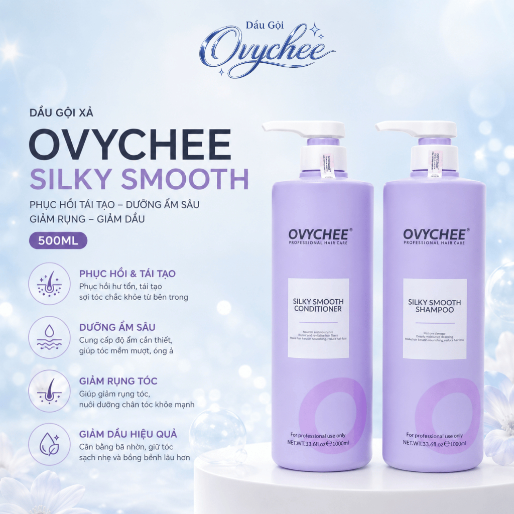 Combo Dầu Gội Xả Ovychee Silky Smooth 500ml | Dưỡng Tóc Mềm Mượt, Hỗ Trợ Sạch Gàu Dầu.