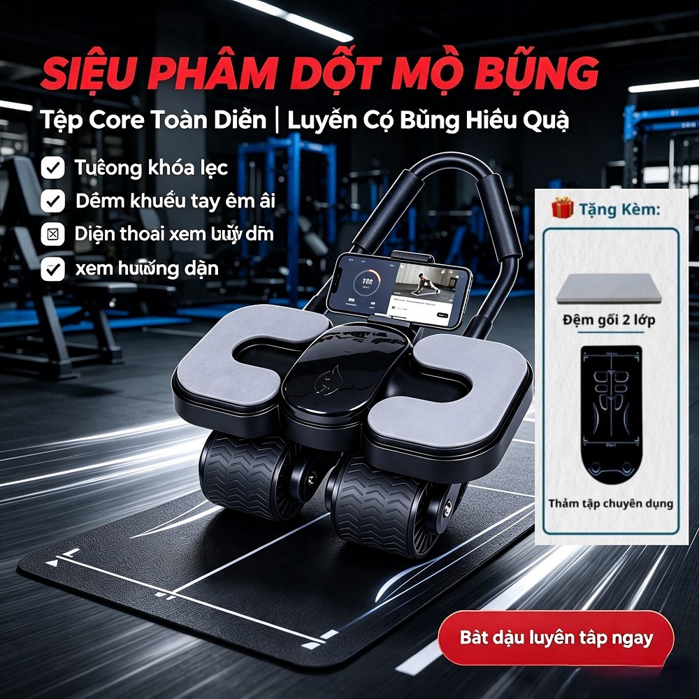 【Tặng kèm thảm tập】Habana Sport Con lăn tập 4 bánh có trợ lực Máy Tập Bụng có tác dụng nhanh