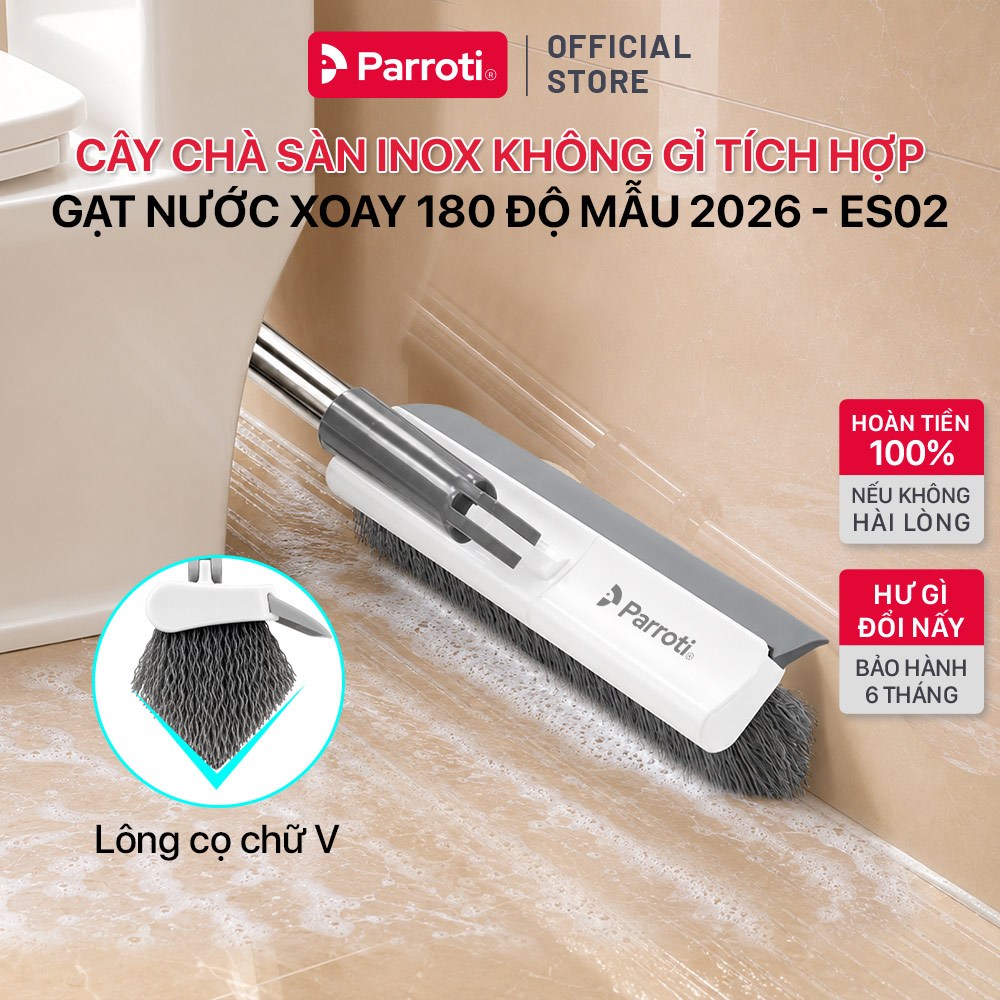 Cây chà sàn nhà tắm đa năng Parroti 2 trong 1 Mẫu 2026, chổi cọ sàn và gạt nước, xoay 180 độ, chà sạ