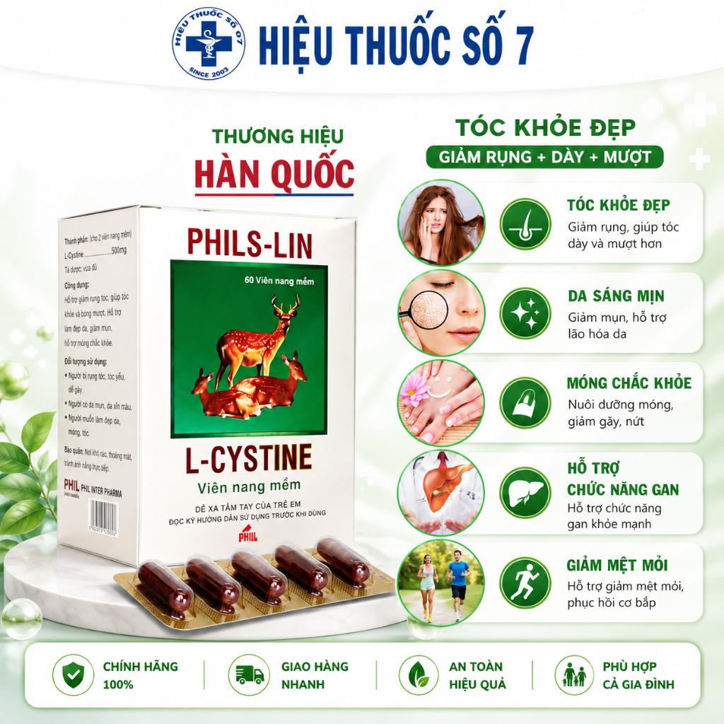L-CYSTINE PHILS-LIN giảm rụng tóc, đẹp da, giảm nám, tàn nhang, hạn chế lão hóa - Hộp 60 viên