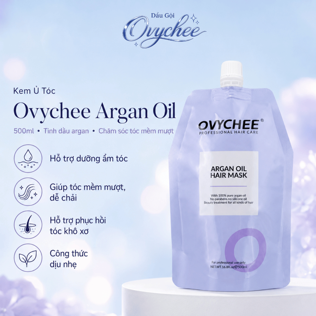 Kem Hấp Ủ Tóc Ovychee Argan Oil 500ml | Dưỡng Tóc Mềm Mượt, Hỗ Trợ Phục Hồi Tóc Khô Xơ.