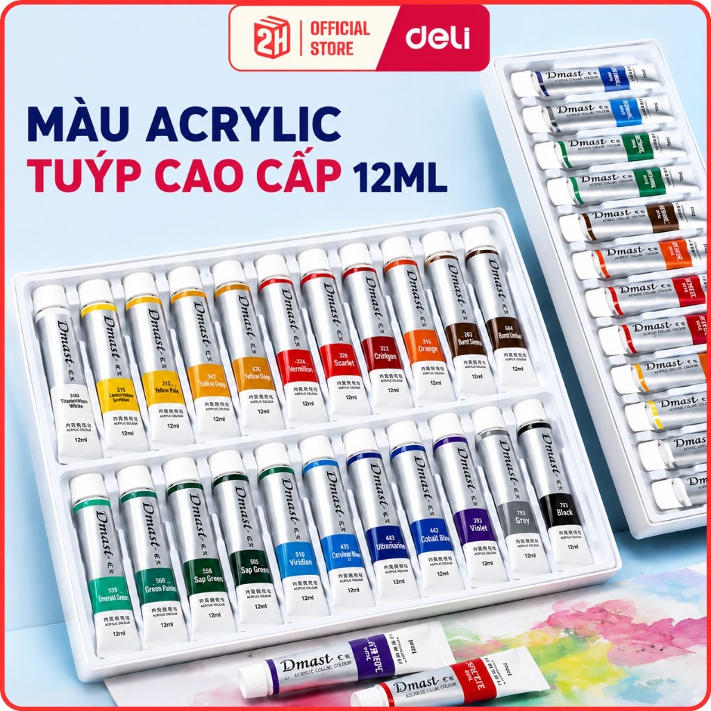 Màu Acrylic Dạng Tuýp 12ml Dmast Cao Cấp Deli, Màu Nước Acrylic Chống Nước, Bền Màu, VPP