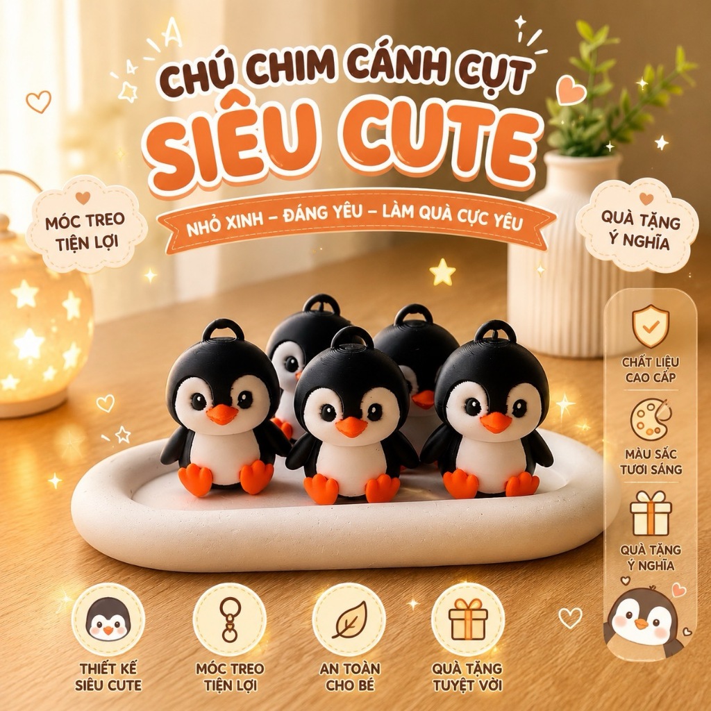 Móc Khóa Chim Cánh Cụt Keycap Bấm Tách Tách Dễ Thương, Cute Clicky Penguin Keycap Keychain