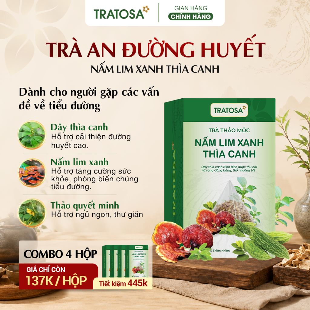Trà An Đường Huyết Nấm Lim Xanh Thìa Canh TRATOSA trà thảo mộc tốt cho người tiểu đường, mỡ máu, hộp