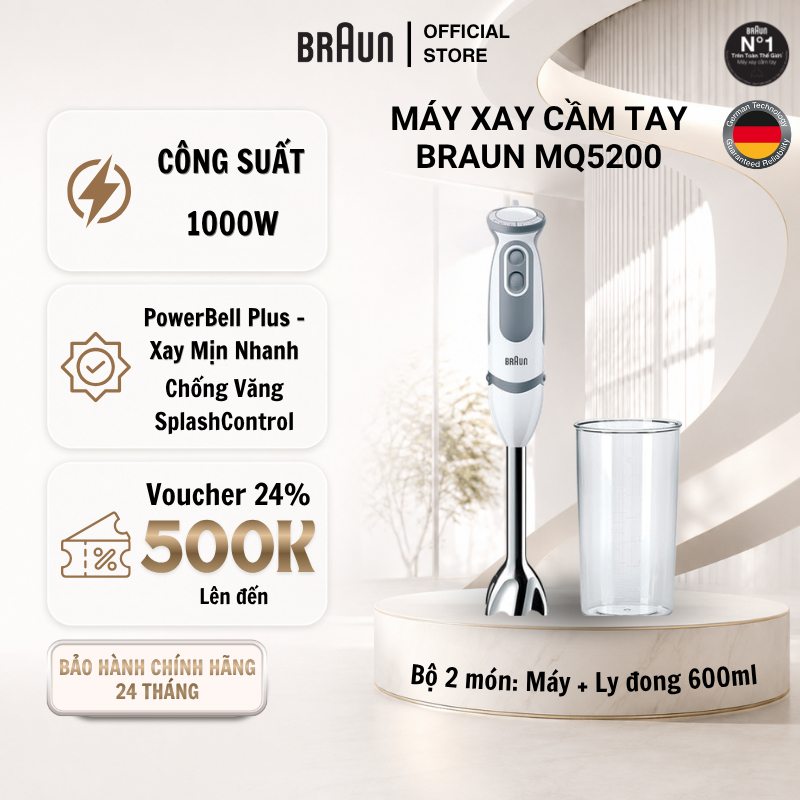 Máy Xay Cầm Tay Braun MQ5200CN 1000W Đa Năng Xay Sinh Tố, Cháo Siêu Nhanh, Nhuyễn – Chính Hãng