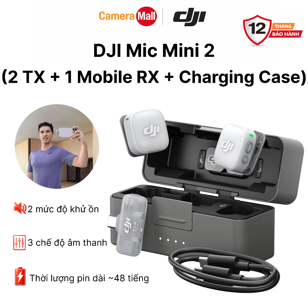 DJI Mic Mini 2 (2 TX + 1 Mobile TypeC RX + Charging Case) - Micro Không Dây 2 Kênh | Gắn Điện Thoại 