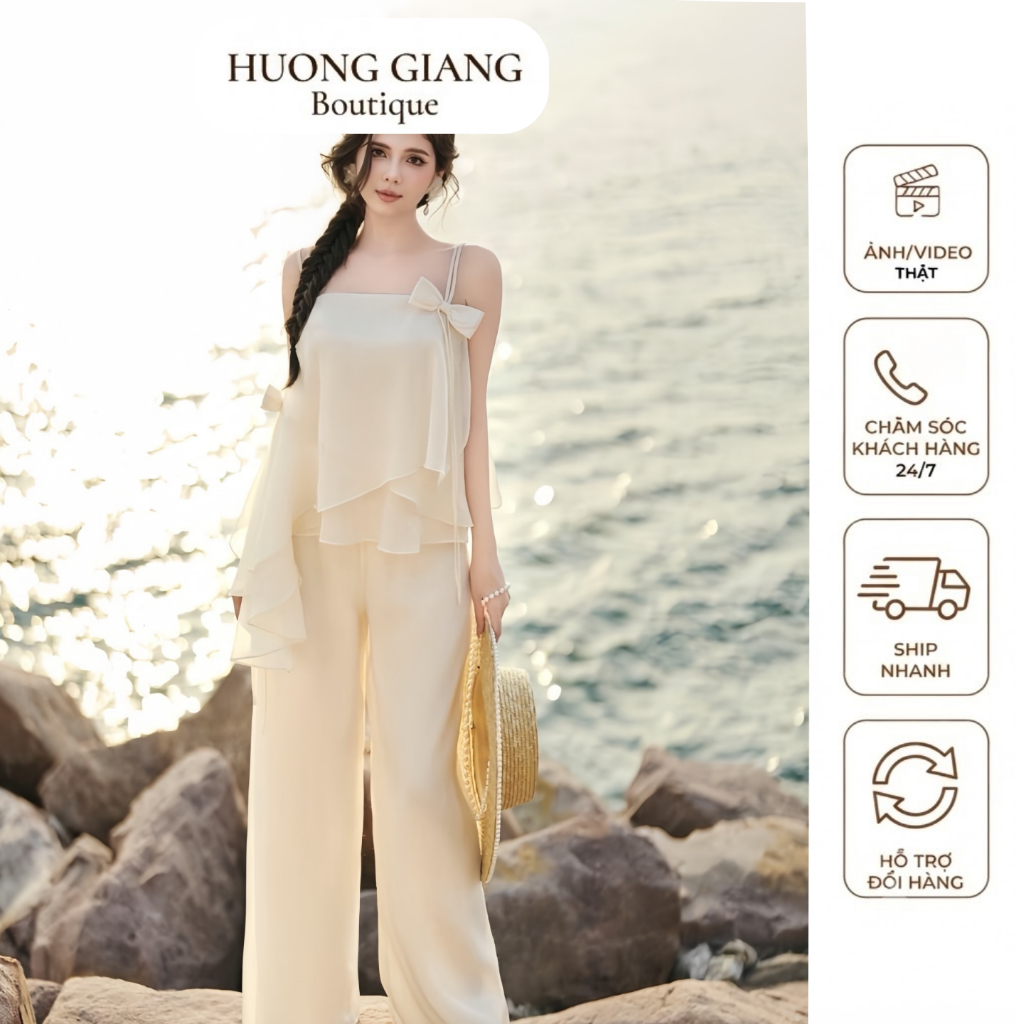D0887 – Set 2 Món Áo Đính Nơ Hai Dây Phối Tầng Kết Hợp Quần Suông – Nude, Trắng, Xanh Mint – Size S 