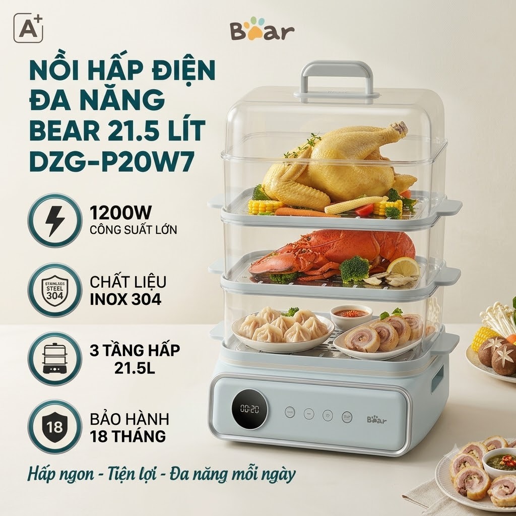 Nồi Hấp Điện 3 Tầng Bear DZG-P20W7, 21Lit - 1200w, Chiên Nướng Hấp Đa Năng, Bảo Hành 18 Tháng