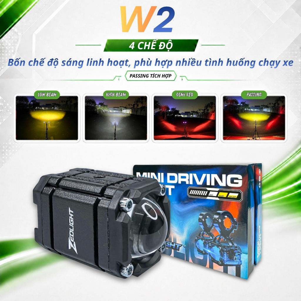 Đèn LED Trợ Sáng Mini W2 ZEDLIGHT, 4 Chế Độ Sáng Tích Hợp Auto Passing - Bảo Hành 24 Tháng