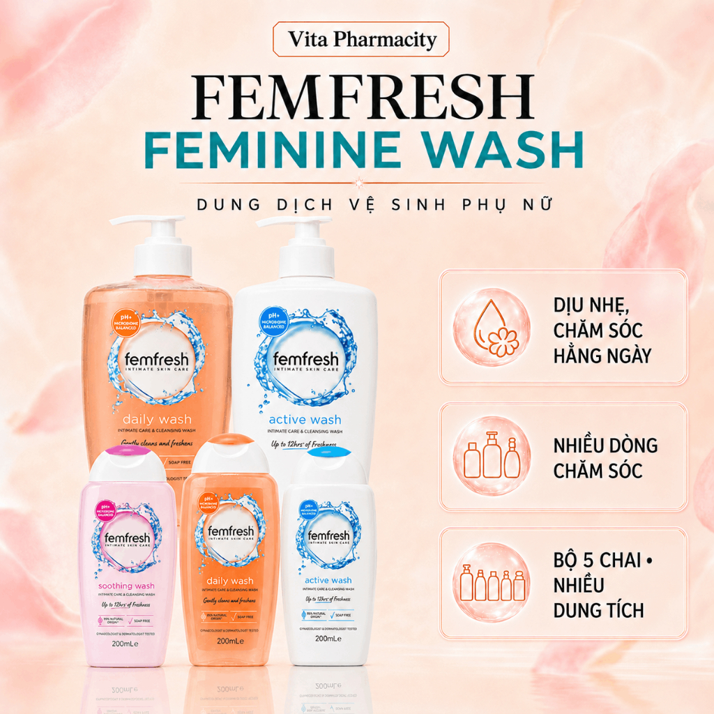 [Nhập Khẩu Tem Phụ] Dung Dịch Vệ Sinh Phụ Nữ Femfresh 250ml bản Anh, 600ml bản Úc Chính Hãng