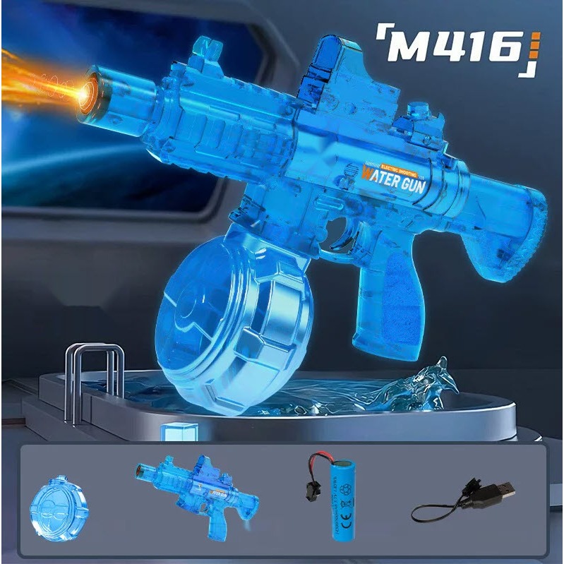 Súng nước M416 trong suốt có ĐÈN, đuôi giật, súng nước pin sạc đồ chơi mùa hè cho bé
