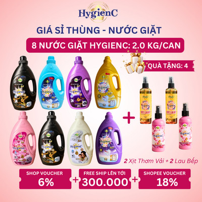 Combo 8 Can Nước Giặt HygienC Plus 2,0 Kg/Can Đậm Đặc Hương Nước Hoa - Sạch Vết Bẩn, Dưỡng Vải