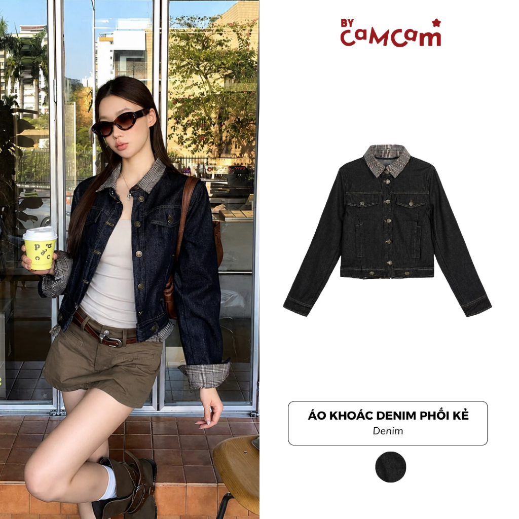 Áo Khoác Denim Phối Kẻ 𝑩𝒚𝒄𝒂𝒎𝒄𝒂𝒎 Dáng Lửng Trendy Hàn Quốc AKHD827