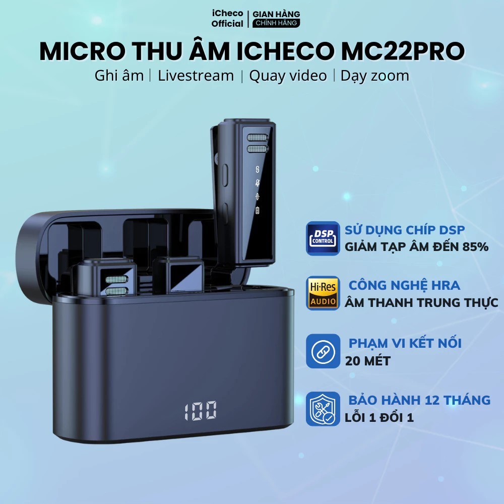[Top Value] Micro thu âm mic không dây điện thoại cài áo khử nhiễu chống ồn nhỏ gọn ICHECO MC22PRO