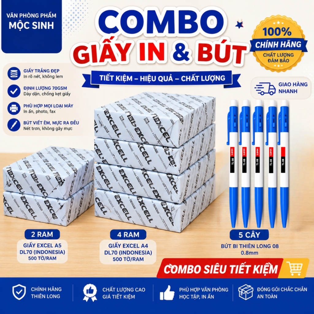 Combo Giấy In Và Bút Tiết Kiệm - 4 Ram Giấy Excel A4, 2 Ram Giấy Excel A5 , 5 Bút Bi Thiên Long 08 C