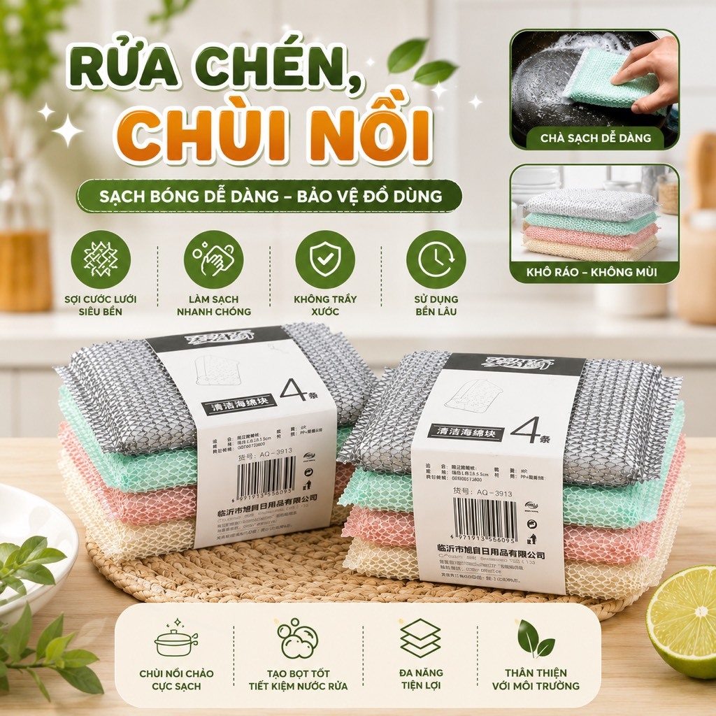Combo 8 Miếng Cước Lưới rửa chén mút, Chùi Nồi, Miếng Mút Rửa Chén Lưới vệ Sinh Chà Nồi ( 2 Set 4 Miếng)