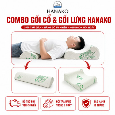 Combo gối hỗ trợ thoái hóa đốt sống cổ và gối kê lưng cải thiện thoát vị đĩa đệm chính hãng HANAKO