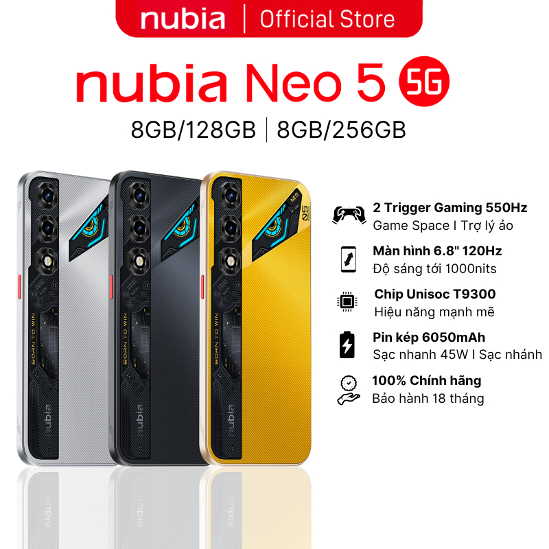[Siêu Phẩm Giá Sốc] Điện thoại gaming Nubia Neo 5 5G I Chip Unisoc T9300 I Pin Kép 6050mAh sạc 45W I 2 Triggers Gaming