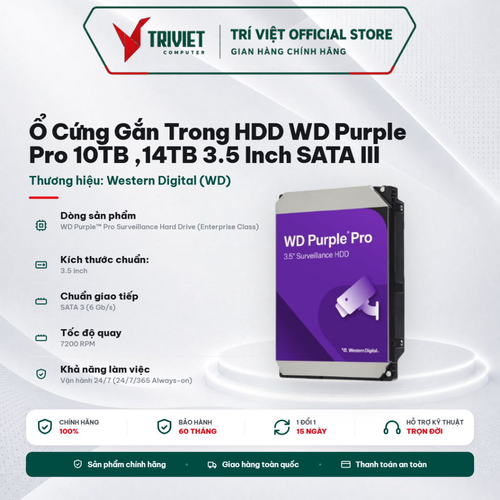 Ổ Cứng Gắn Trong HDD WD Purple Pro (10TB/14TB) 3.5 Inch SATA III 7200RPM 512MB Cache Camera Giám Sát