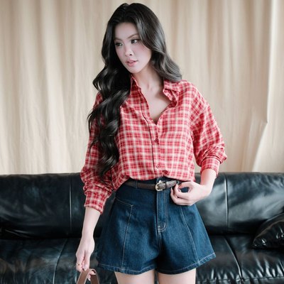 Áo sơ mi caro nữ GILLEE dáng dài vải cotton cao cấp thoáng mát FAS391