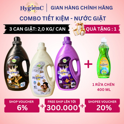 Combo 3 Can Nước Giặt HygienC Plus 2.0 Kg/Can - Đậm Đặc, Hương Nước Hoa, Sạch Vết Bẩn (6 Mùi Huong)