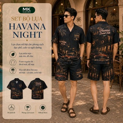 Set Bộ lụa Nam Havana Night MKCLEVER chất lụa mịn mát, thoáng mát, co giãn, form dáng thoải mái, trẻ trung
