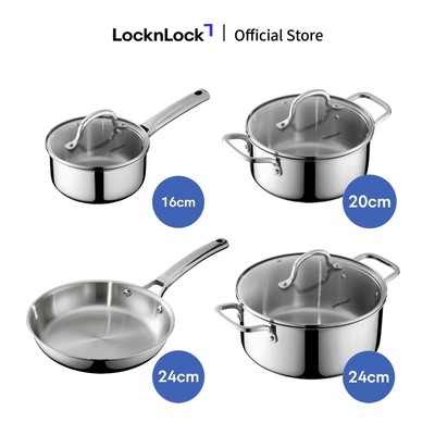 Bộ 4 Nồi Chảo Inox LocknLock Eleve thép không gỉ SUS304 tay cầm đúc nguyên khối đường kính 16/20/24cm