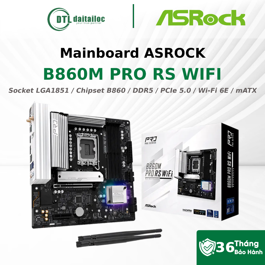 Mainboard ASRock B860M Pro RS WiFi LGA1851 B860 DDR5 PCIe 5.0 mATX | Chính Hãng | Bảo Hành 36 Tháng