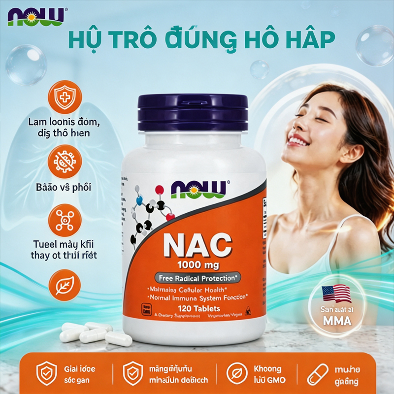 NAC NOW 1000mg 120 viên N-Acetyl Cysteine chống oxy hóa bảo vệ gan