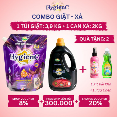 [MỚI] Bộ Đôi Giặt - Xả HygienC Plus: 1 Túi Nước Giặt (3,9kg) + 1 Can Nước Xả Vải (2,0kg)