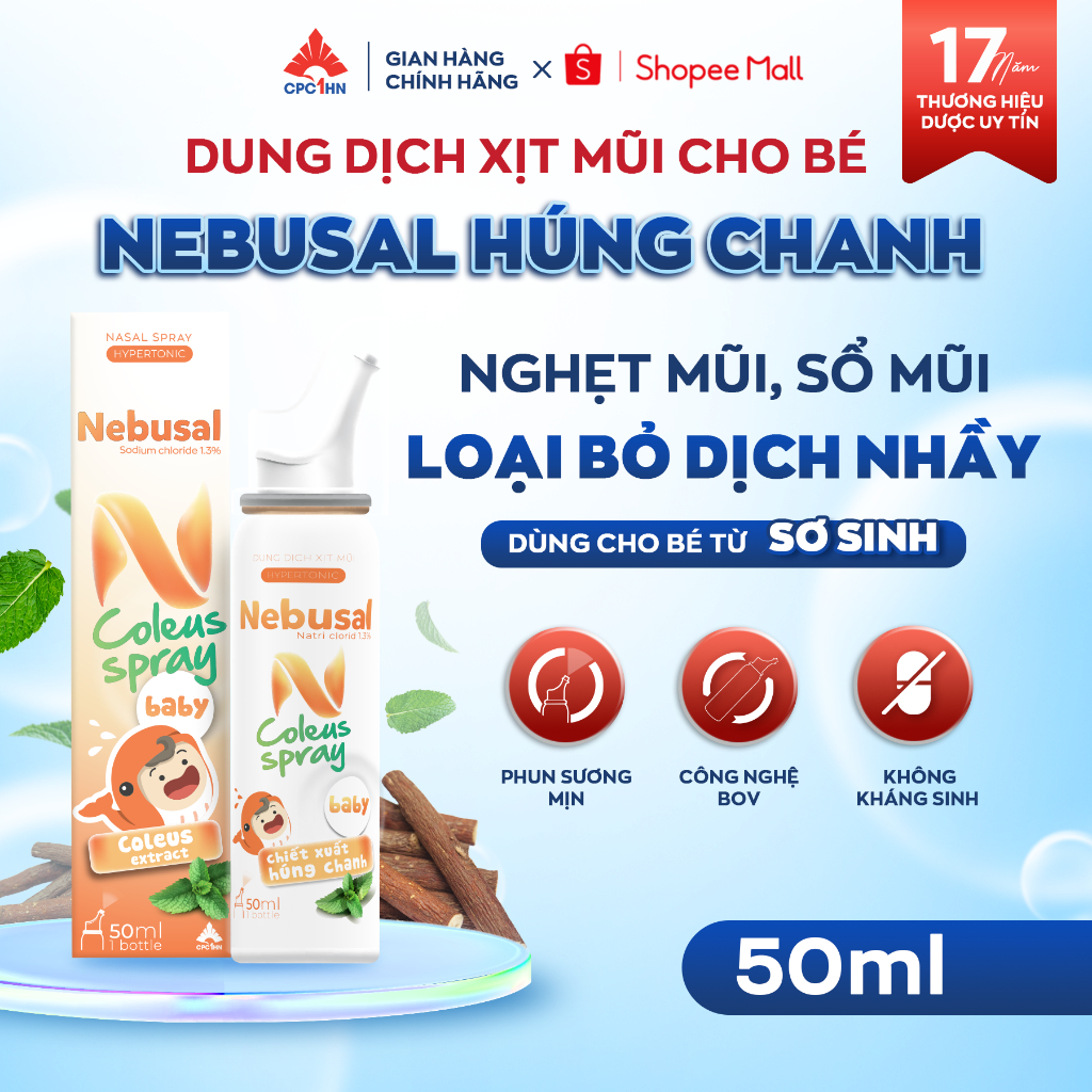 Xịt mũi NEBUSAL Coleus húng chanh giảm sổ, nghẹt mũi cho trẻ em và người lớn 50ml