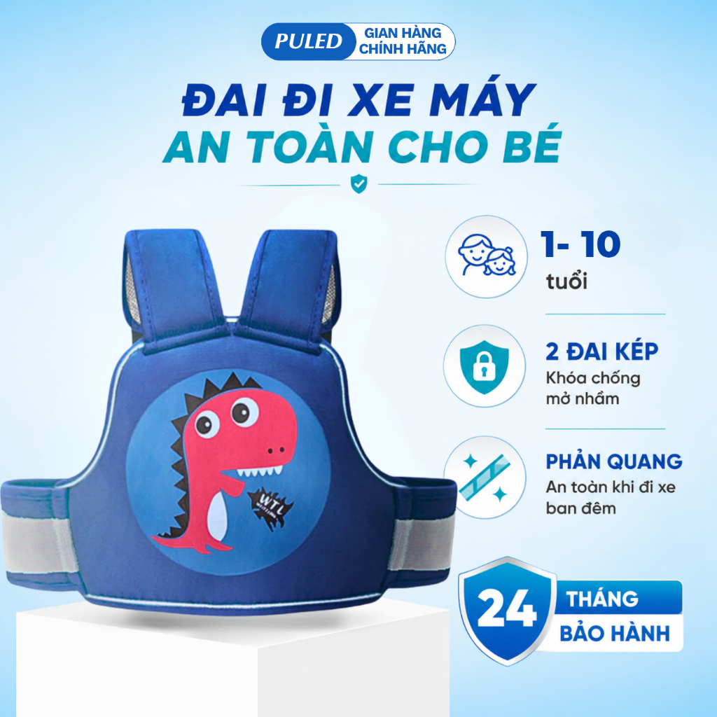 Đai đi xe máy PULED cải tiến mới nhất 2 đai lưng, có dải phản quang, an toàn cho bé đi xe