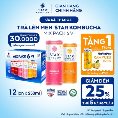 Thùng 12 Lon Trà Lên Men STAR KOMBUCHA Mix 6 Vị 250ml - Thức Uống Bổ Sung PROBIOTICS Tự Nhiên Từ Trà, SCOBY Và Thảo Mộc