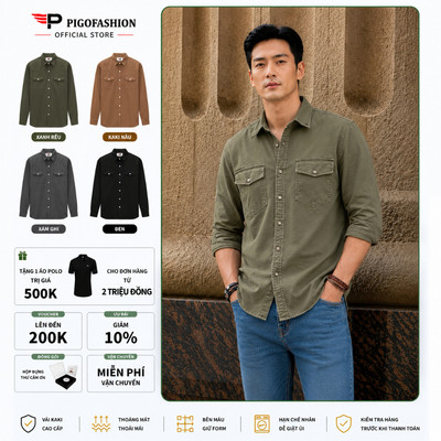 Áo Sơ Mi Nam Kaki 2 Túi Ngực Pigo Tay Dài Vải Cotton Dày Dặn Form Slimfit Cao Cấp SPMAKKJ05