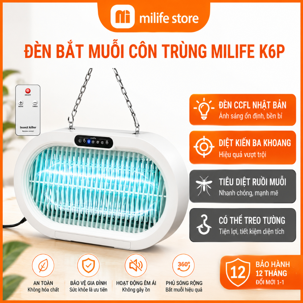 Đèn diệt muỗi, ruồi, treo tường miLife K6P diệt kiến ba khoang