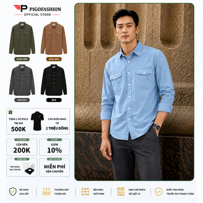 Áo Sơ Mi Nam Kaki 2 Túi Ngực Pigo Tay Dài Vải Cotton Dày Dặn Form Slimfit Cao Cấp SPMAKKJ01
