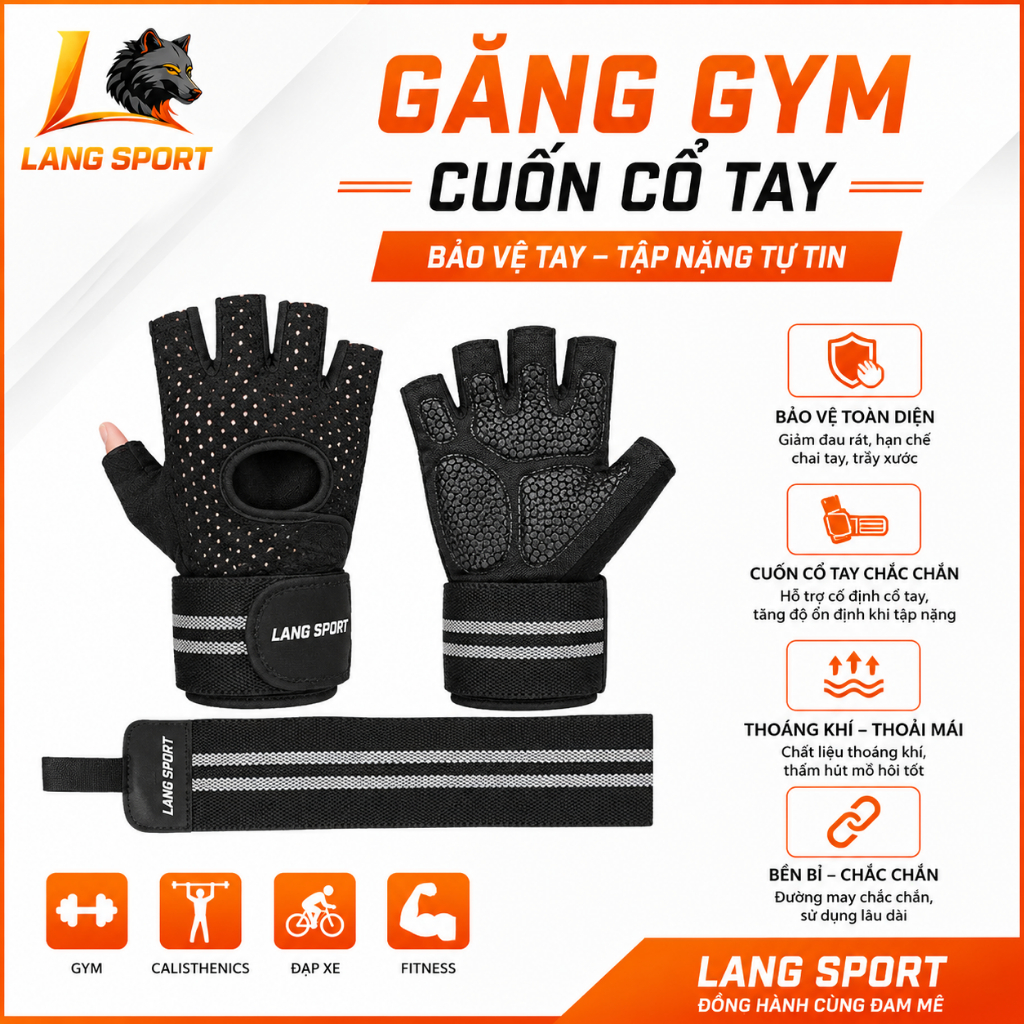 (HỎA TỐC) GĂNG GYM CUỐN CỔ TAY FREESIZE AOLIKE LANG SPORT