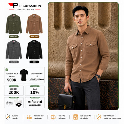 Áo Sơ Mi Nam Kaki 2 Túi Ngực Pigo Tay Dài Vải Cotton Dày Dặn Form Slimfit Cao Cấp SPMAKKJ01