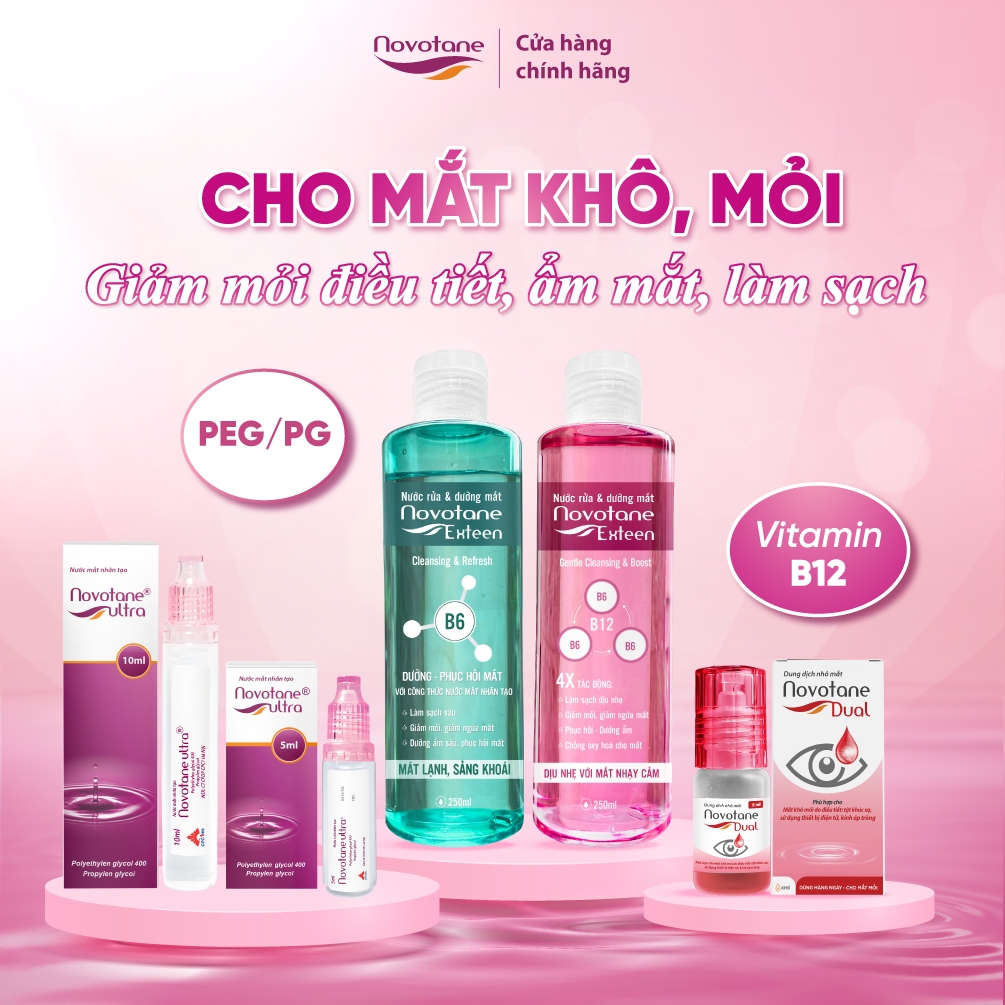 Combo nước mắt nhân tạo Novotane Ultra & nhỏ mắt Novotane Dual vitamin B12 & Rửa mắt Exteen giảm mỏi