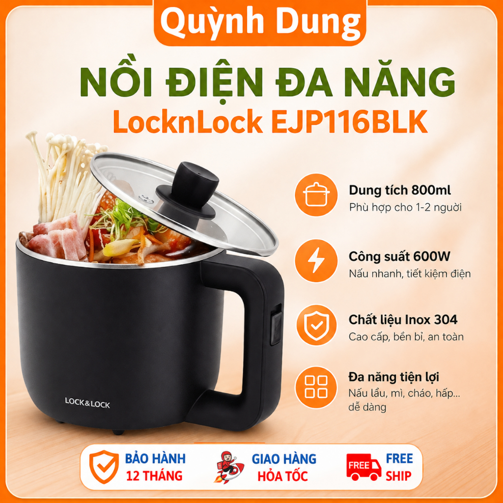 Nồi Điện Đa Năng LocknLock EJP116BLK - Dung Tích 800ml, 600W, Nấu Mì, Nấu Lẩu Mini, Hâm Nóng Canh