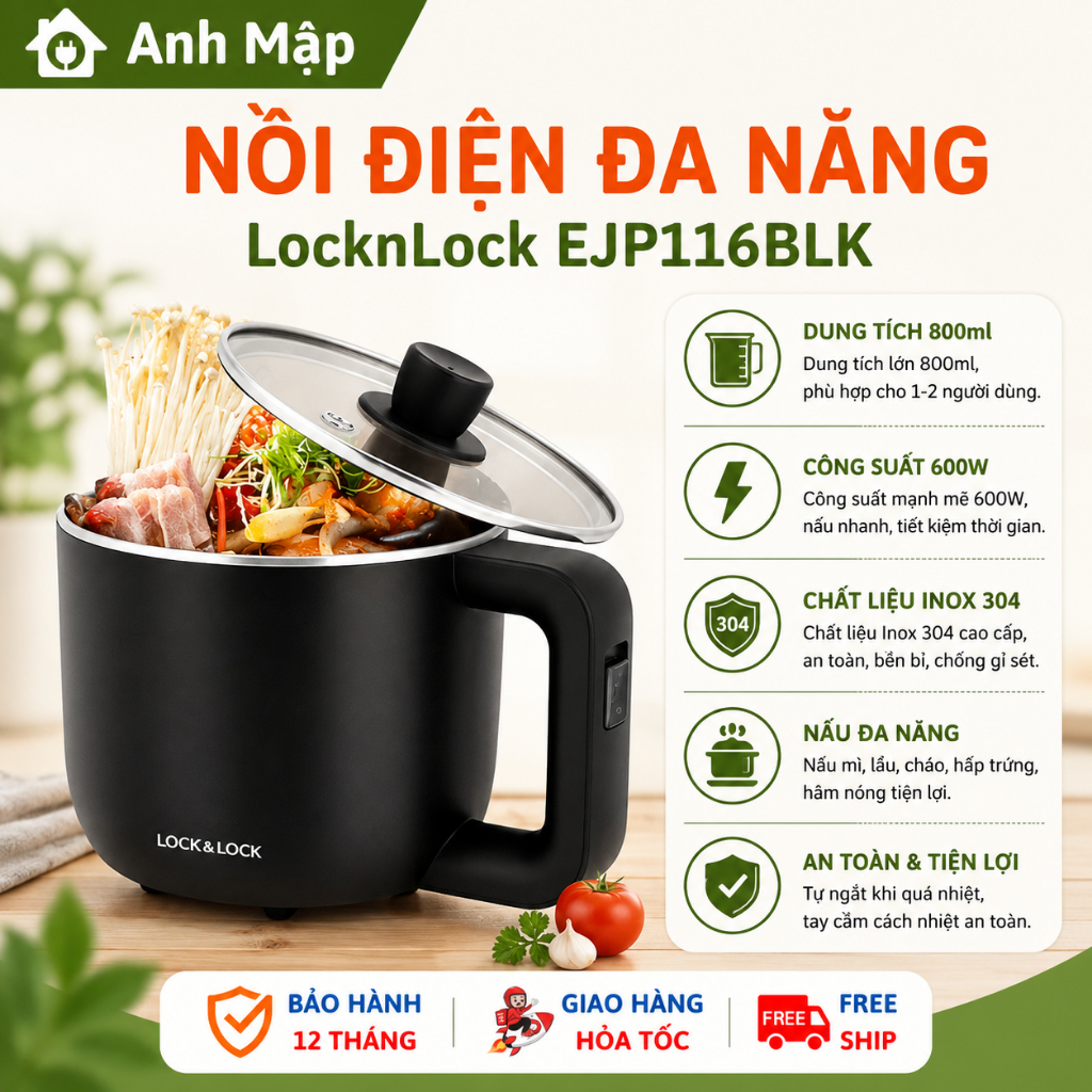 Nồi Điện Đa Năng LocknLock EJP116BLK - Dung Tích 800ml, 600W, Nấu Mì, Nấu Lẩu Mini, Hâm Nóng Canh