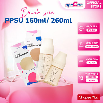 Bình Sữa Cổ Rộng PPSU Spectra - 160ml/ 260ml, Lỗ Khí Kép Chống Đầy Hơi, Hàng Chính Hãng (Size S/ M/ L/ XL)